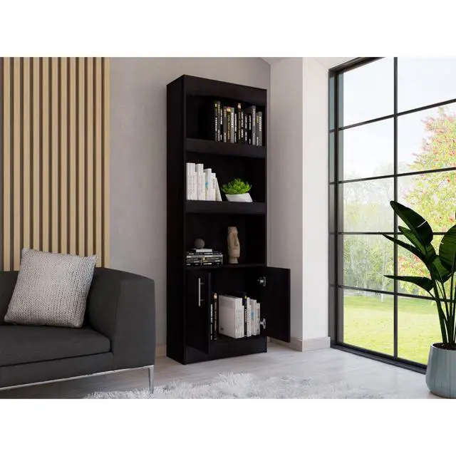 Alt view image 2 of 7 - Bookcase, Three Shelves, Double Door Cabinet, Metal Hardware, Black