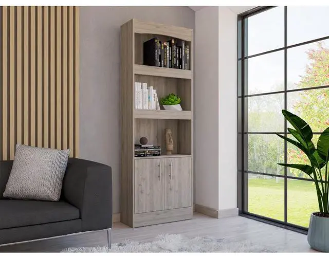 Main image of Bookcase, Three Shelves, Double Door Cabinet, Metal Hardware, Light Gray