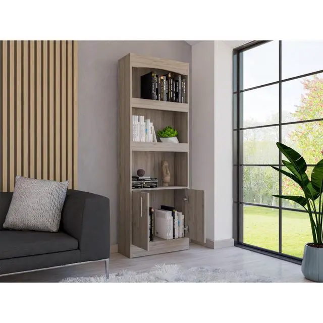 Alt view image 2 of 5 - Bookcase, Three Shelves, Double Door Cabinet, Metal Hardware, Light Gray