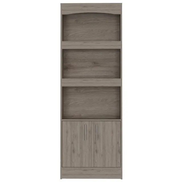 Alt view image 3 of 5 - Bookcase, Three Shelves, Double Door Cabinet, Metal Hardware, Light Gray