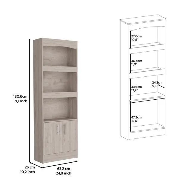 Alt view image 5 of 5 - Bookcase, Three Shelves, Double Door Cabinet, Metal Hardware, Light Gray