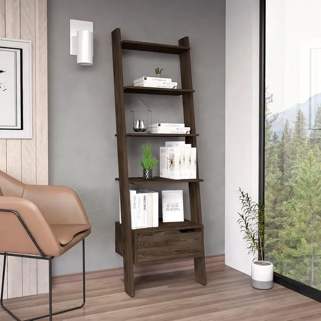 Main image of Ladder Bookcase, One Drawer, Five Open Shelves, Dark Walnut