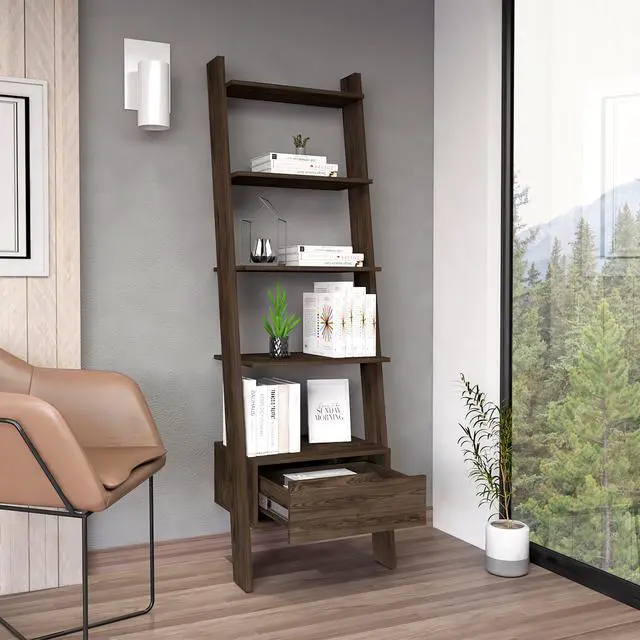 Alt view image 2 of 7 - Ladder Bookcase, One Drawer, Five Open Shelves, Dark Walnut
