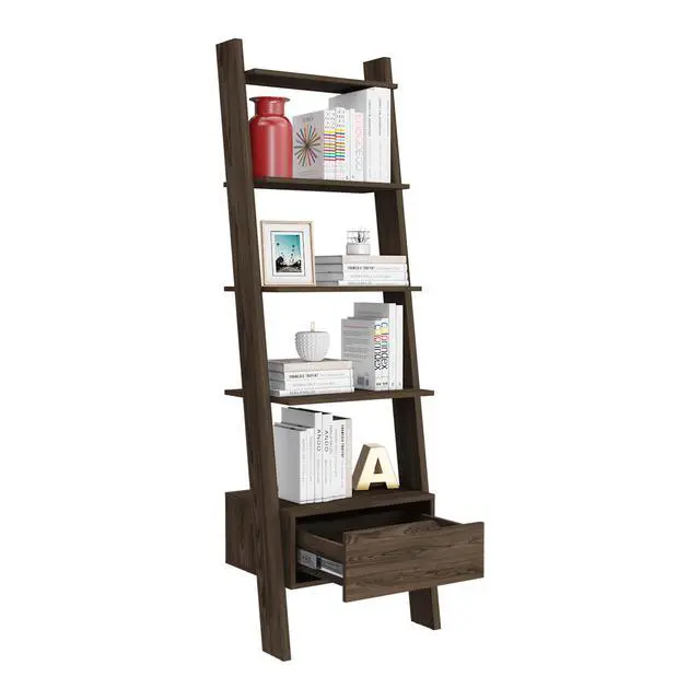 Alt view image 5 of 7 - Ladder Bookcase, One Drawer, Five Open Shelves, Dark Walnut