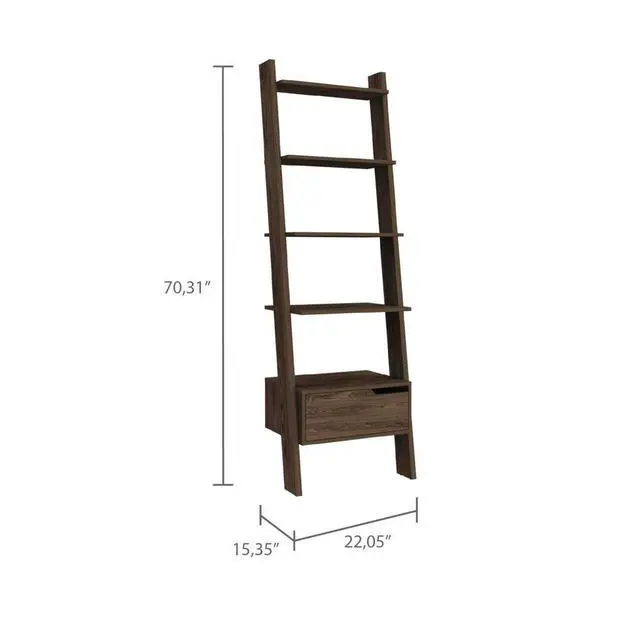 Alt view image 6 of 7 - Ladder Bookcase, One Drawer, Five Open Shelves, Dark Walnut
