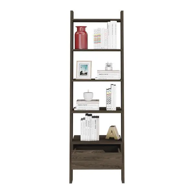 Alt view image 7 of 7 - Ladder Bookcase, One Drawer, Five Open Shelves, Dark Walnut