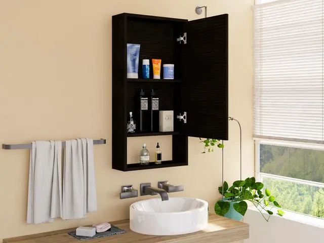 Alt view image 2 of 7 - Medicine Single Door Cabinet 35" H, Two Interior Shelves, One External Shelf, Black