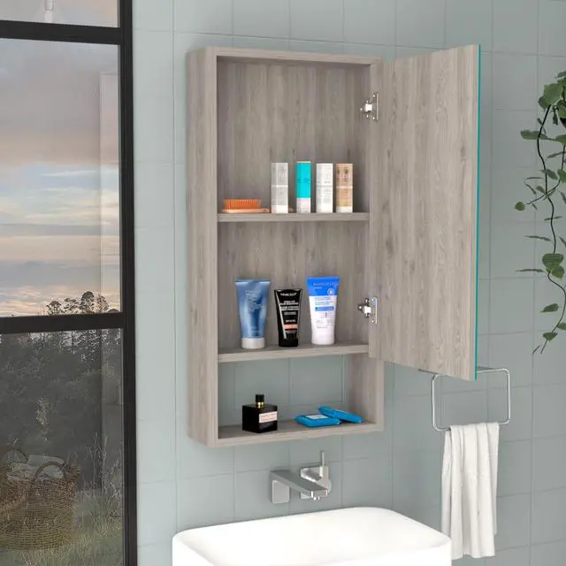 Alt view image 5 of 6 - Medicine Single Door Cabinet 35" H, Two Interior Shelves, One External Shelf, Light Gray