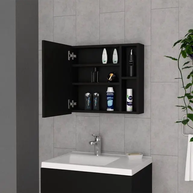 Alt view image 2 of 7 - Medicine 18H" Single Door Cabinet, Two External Shelves, Three Interior Shelves , Black