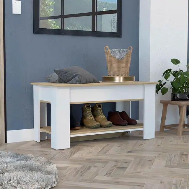 Main image of Storage Table, Four Legs, Lower Shelf, Light Oak / White