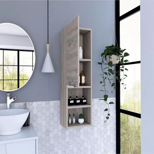Alt view image 3 of 7 - Medicine Single Door Cabinet 32" H, Two Interior Shelves, Two External Shelves, Light Gray