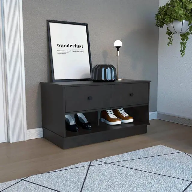 Main image of Uranus Storage Bench, Two Drawers, Two Open Shelves, Black