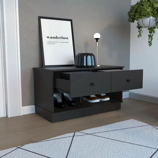 Alt view image 2 of 6 - Uranus Storage Bench, Two Drawers, Two Open Shelves, Black