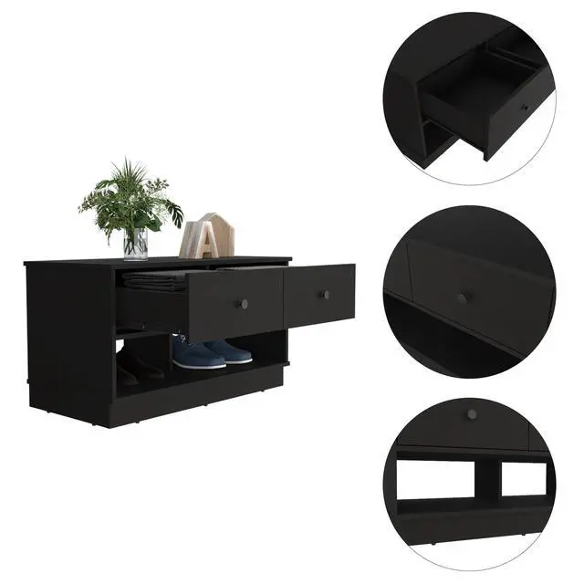 Alt view image 4 of 6 - Uranus Storage Bench, Two Drawers, Two Open Shelves, Black