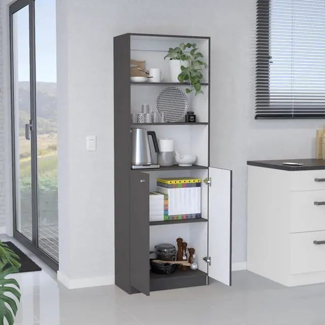 Alt view image 2 of 7 - 2-Door Bookcase with Upper Shelves, Matt Gray / White