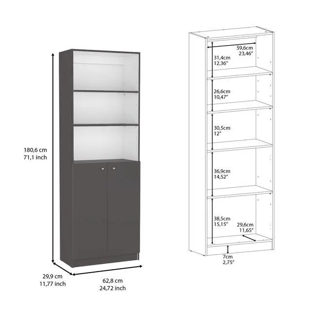 Alt view image 7 of 7 - 2-Door Bookcase with Upper Shelves, Matt Gray / White