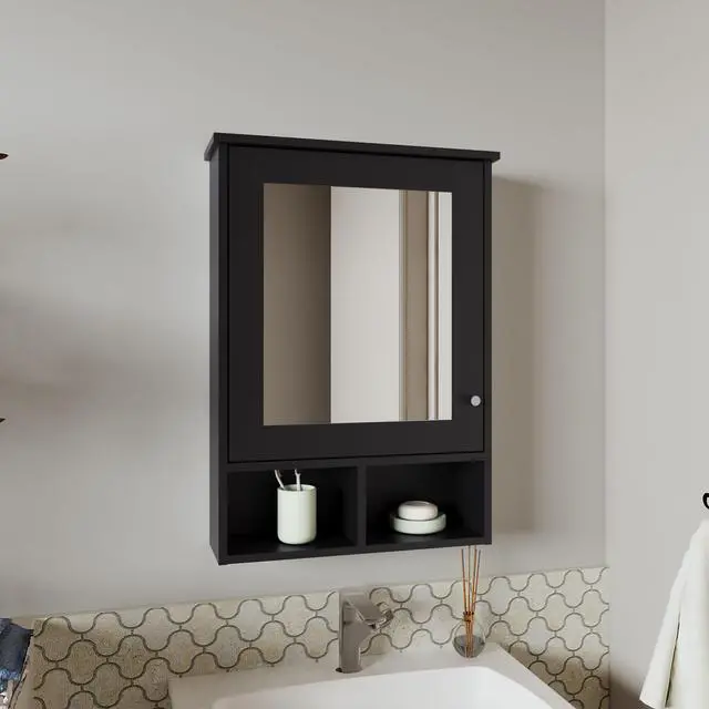 Main image of Medicine Cabinet 29" H, with 5 Shelves, 1 Door, and 1 Mirror, Black