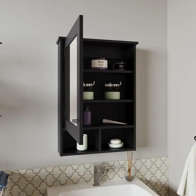 Alt view image 2 of 7 - Medicine Cabinet 29" H, with 5 Shelves, 1 Door, and 1 Mirror, Black