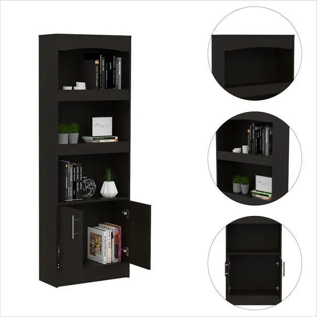 Alt view image 6 of 7 - Bookcase, Three Shelves, Double Door Cabinet, Metal Hardware, Black