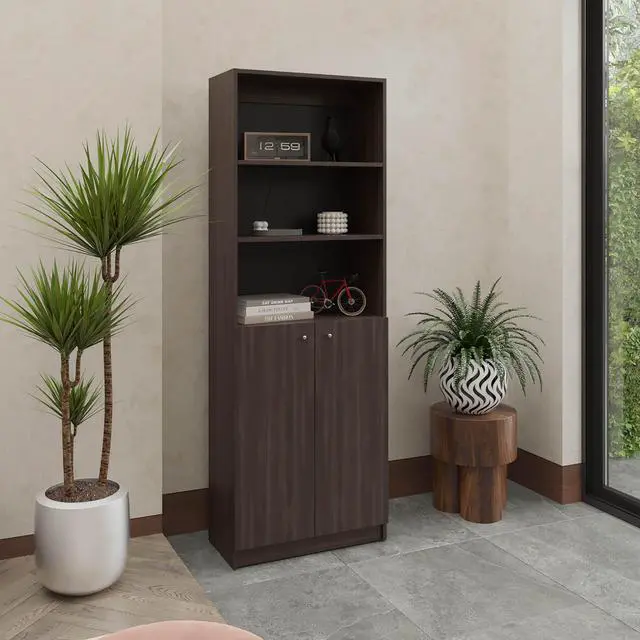 Main image of 2-Door Bookcase with Upper Shelves, Dark Walnut / Black Wengue