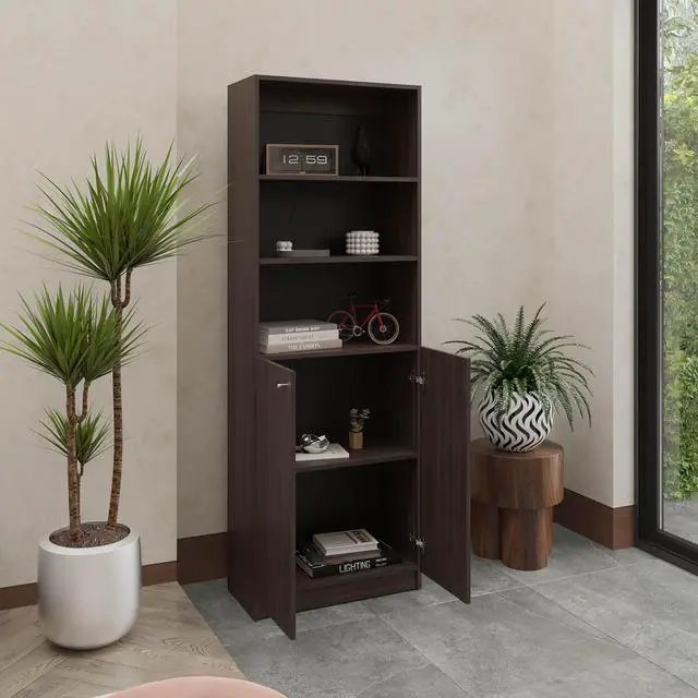 Alt view image 2 of 6 - 2-Door Bookcase with Upper Shelves, Dark Walnut / Black Wengue