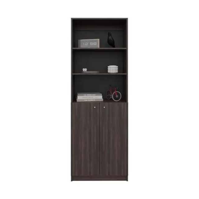 Alt view image 4 of 6 - 2-Door Bookcase with Upper Shelves, Dark Walnut / Black Wengue
