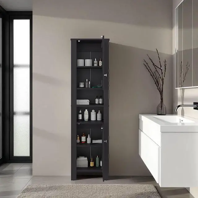 Alt view image 2 of 7 - Bathroom Cabinet 63.3" H, 2 Doors, 6 Shelves, Black Wengue - Bathroom