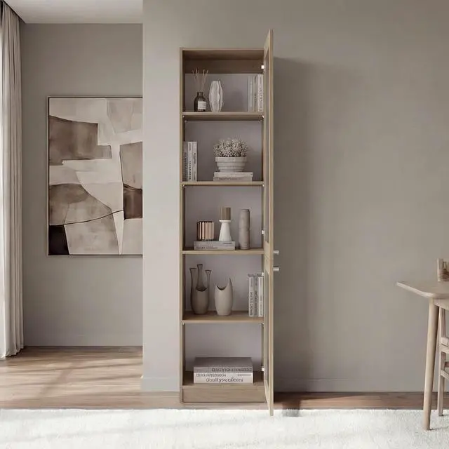 Alt view image 2 of 7 - Tall Bookcase 71" H with 2 Fluted Panel Doors and Five Interior Shelves, Natural Oak