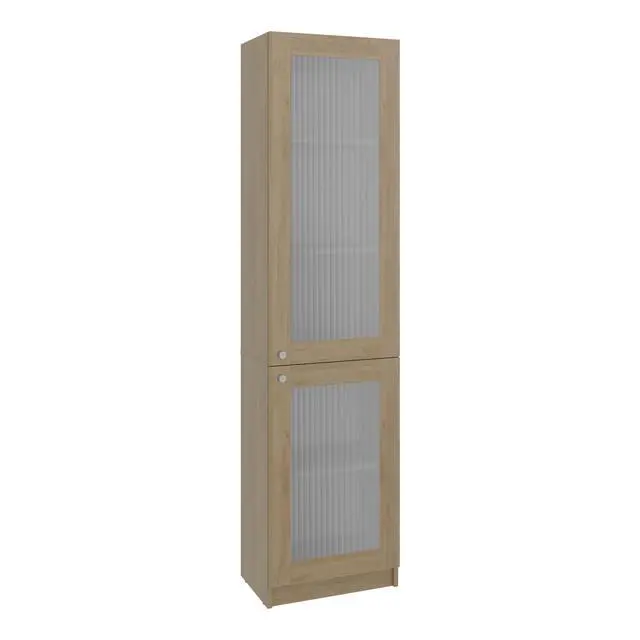 Alt view image 3 of 7 - Tall Bookcase 71" H with 2 Fluted Panel Doors and Five Interior Shelves, Natural Oak