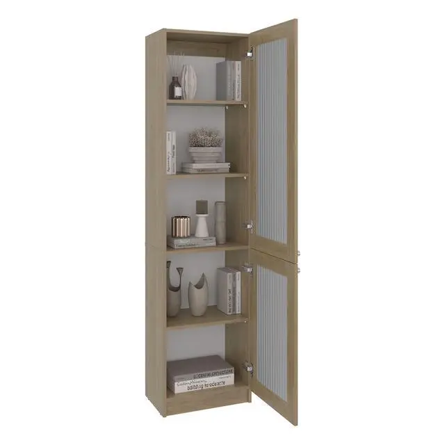 Alt view image 6 of 7 - Tall Bookcase 71" H with 2 Fluted Panel Doors and Five Interior Shelves, Natural Oak