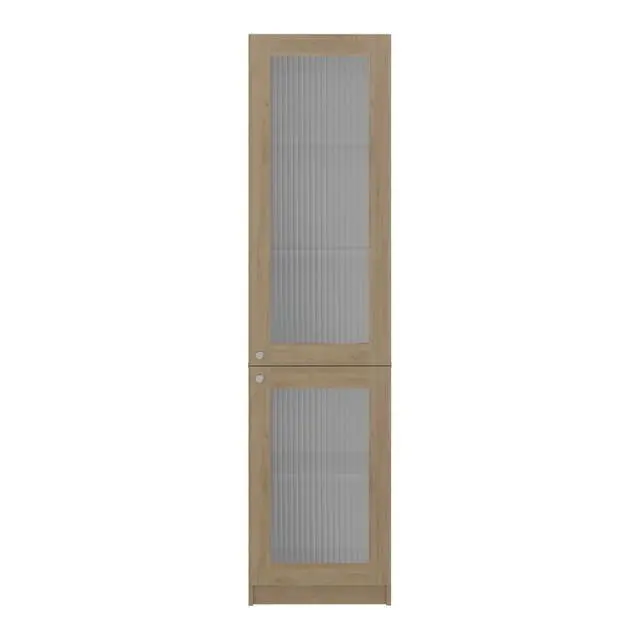 Alt view image 5 of 7 - Tall Bookcase 71" H with 2 Fluted Panel Doors and Five Interior Shelves, Natural Oak