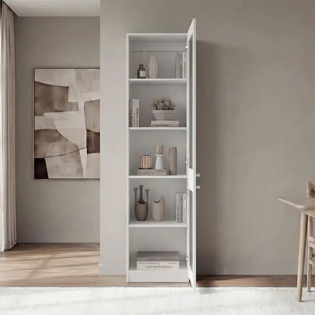Alt view image 2 of 7 - Tall Bookcase 71" H with 2 Fluted Panel Doors and Five Interior Shelves, White