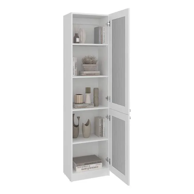 Alt view image 5 of 7 - Tall Bookcase 71" H with 2 Fluted Panel Doors and Five Interior Shelves, White