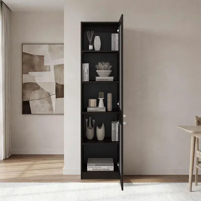 Alt view image 2 of 7 - Tall Bookcase 71" H with 2 Fluted Panel Doors and Five Interior Shelves, Dark Walnut