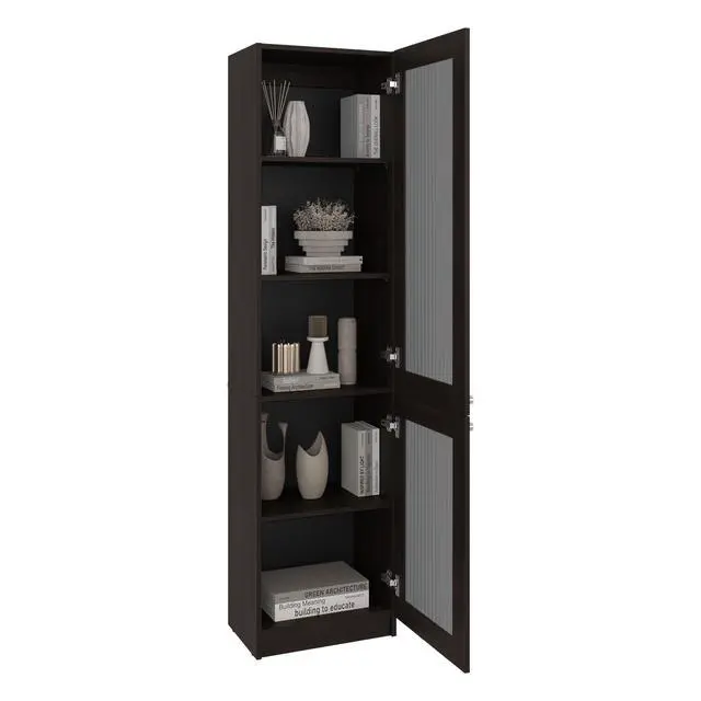 Alt view image 6 of 7 - Tall Bookcase 71" H with 2 Fluted Panel Doors and Five Interior Shelves, Dark Walnut