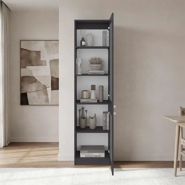 Alt view image 2 of 7 - Tall Bookcase 71" H with 2 Fluted Panel Doors and Five Interior Shelves, Matt Gray/White