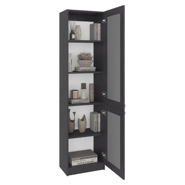 Alt view image 6 of 7 - Tall Bookcase 71" H with 2 Fluted Panel Doors and Five Interior Shelves, Matt Gray/White