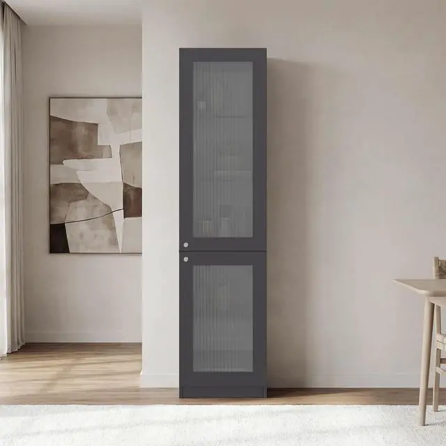 Main image of Tall Bookcase 71" H with 2 Fluted Panel Doors and Five Interior Shelves, Matt Gray/White