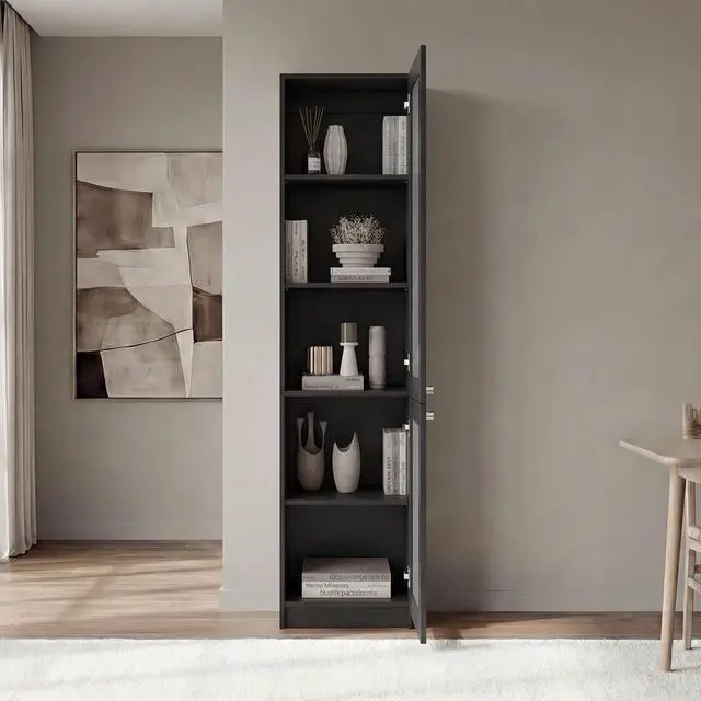 Alt view image 7 of 7 - Surry Tall Bookcase 71" H with 2 Fluted Panel Doors and Five Interior Shelves, Black Wengue