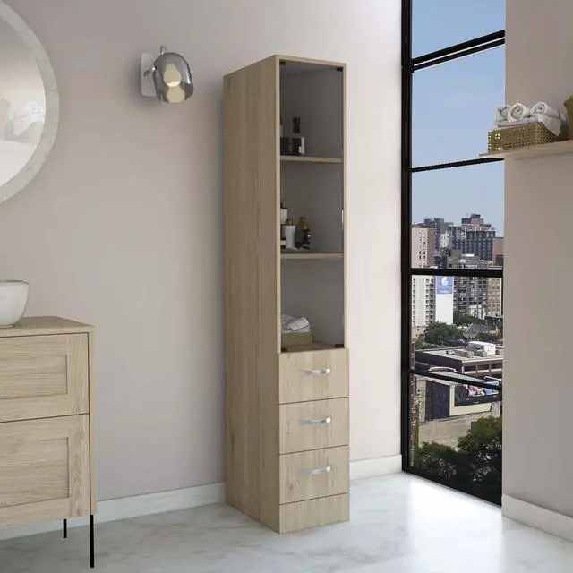 Main image of Linen Cabinet, Three Shelves, Four Drawers, Light Pine/White
