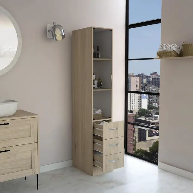 Alt view image 2 of 7 - Linen Cabinet, Three Shelves, Four Drawers, Light Pine/White
