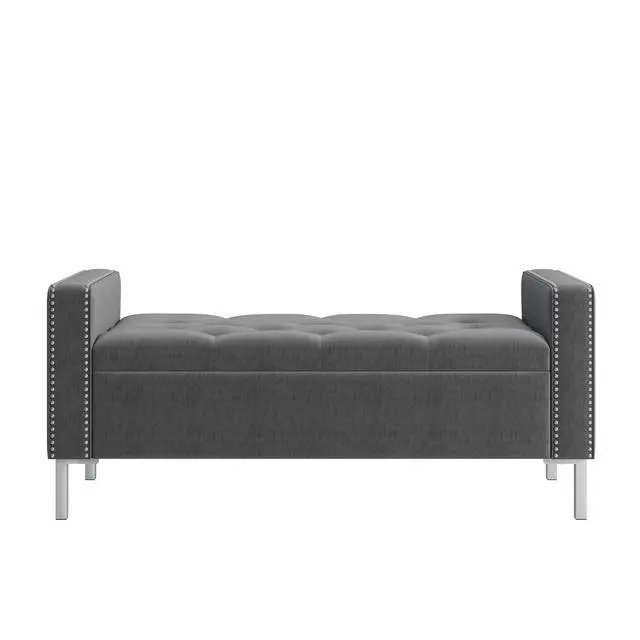 Alt view image 2 of 7 - Square Arm Tufted Top Storage Bench Ottoman with Pewter Nailhead Trim in Plush Velvet in Charcoal Gray