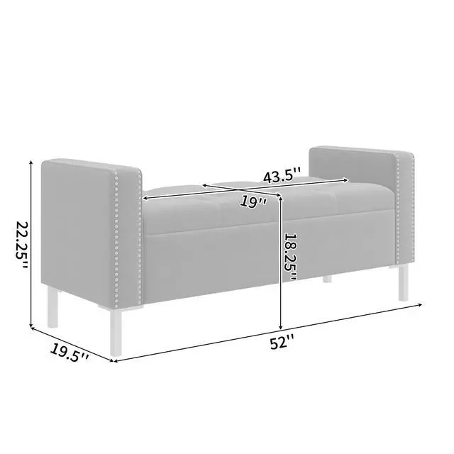 Alt view image 3 of 7 - Square Arm Tufted Top Storage Bench Ottoman with Pewter Nailhead Trim in Plush Velvet in Charcoal Gray