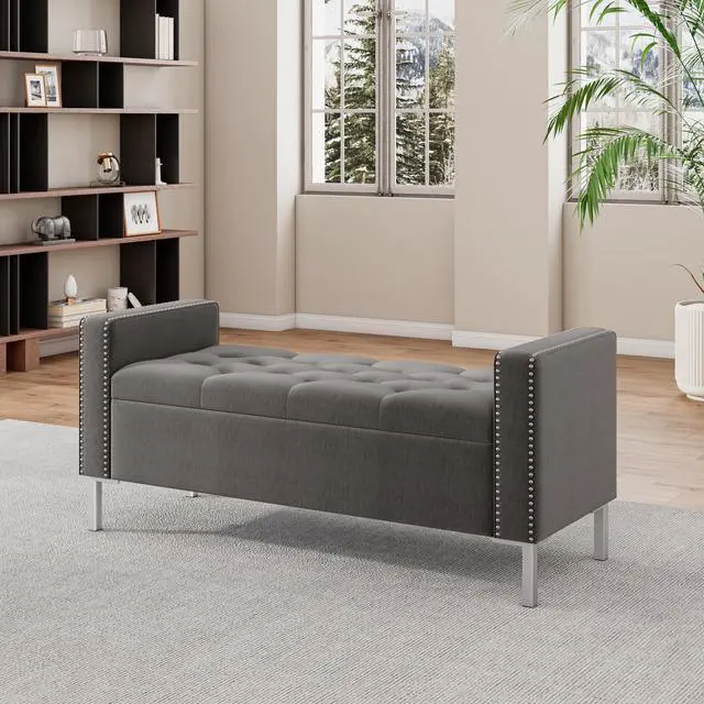 Main image of Square Arm Tufted Top Storage Bench Ottoman with Pewter Nailhead Trim in Plush Velvet in Charcoal Gray
