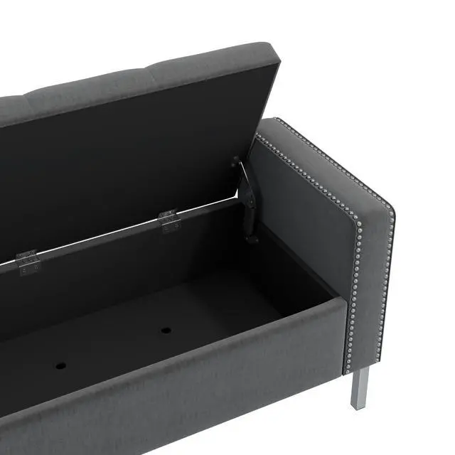 Alt view image 6 of 7 - Square Arm Tufted Top Storage Bench Ottoman with Pewter Nailhead Trim in Plush Velvet in Charcoal Gray