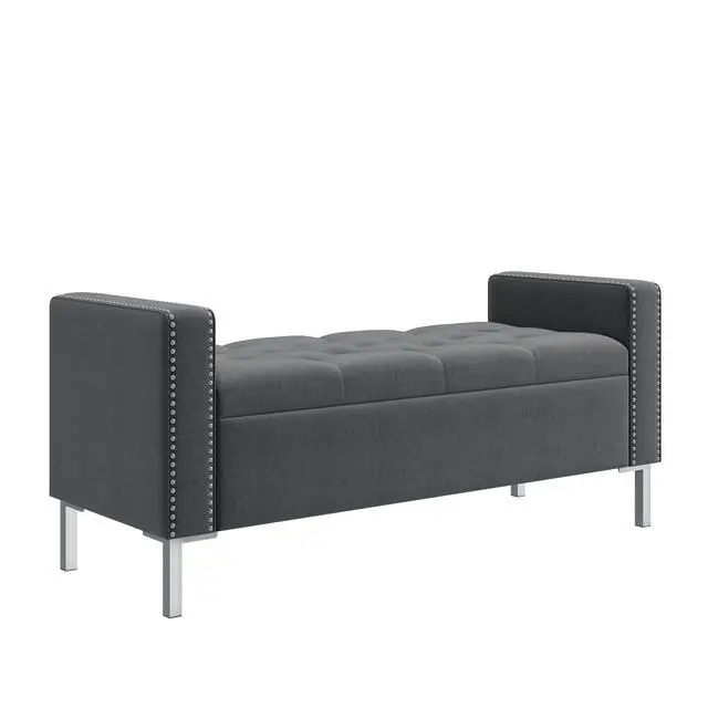 Alt view image 4 of 7 - Square Arm Tufted Top Storage Bench Ottoman with Pewter Nailhead Trim in Plush Velvet in Charcoal Gray