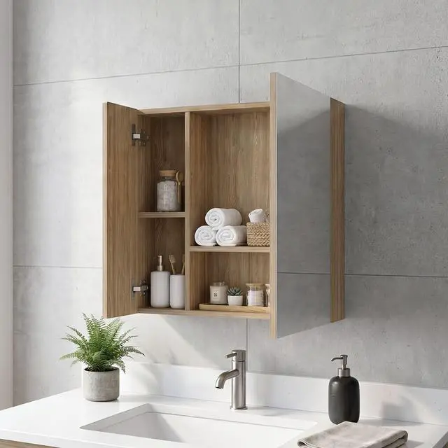 Alt view image 2 of 7 - Avery Wall-Mounted Bathroom Storage Cabinet with Two Doors and Open Side Shelves