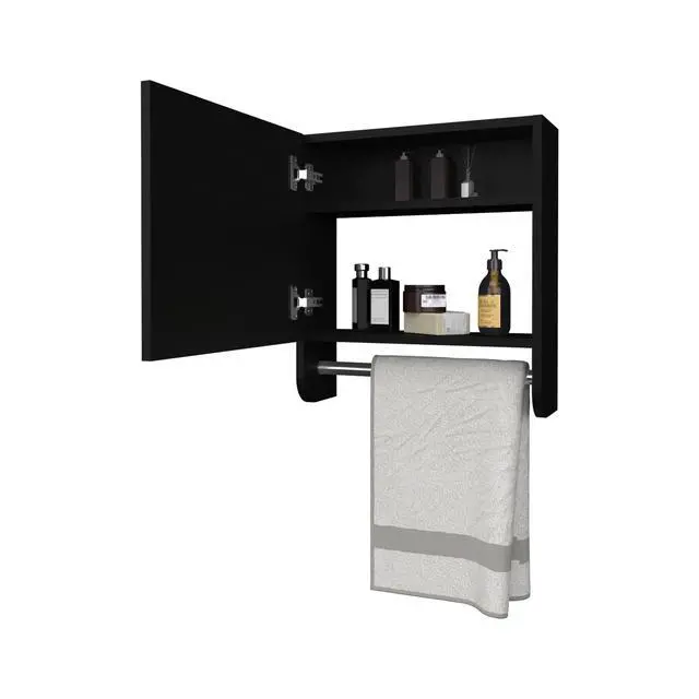 Alt view image 3 of 7 - Pine Medicine Cabinet in Melamine With a Towel Bar And Included Mirror, Black