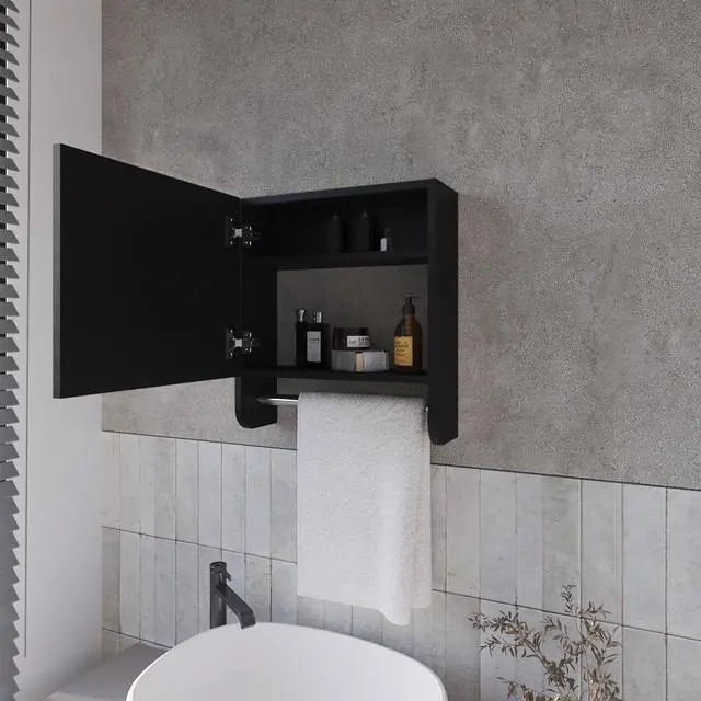 Alt view image 6 of 7 - Pine Medicine Cabinet in Melamine With a Towel Bar And Included Mirror, Black