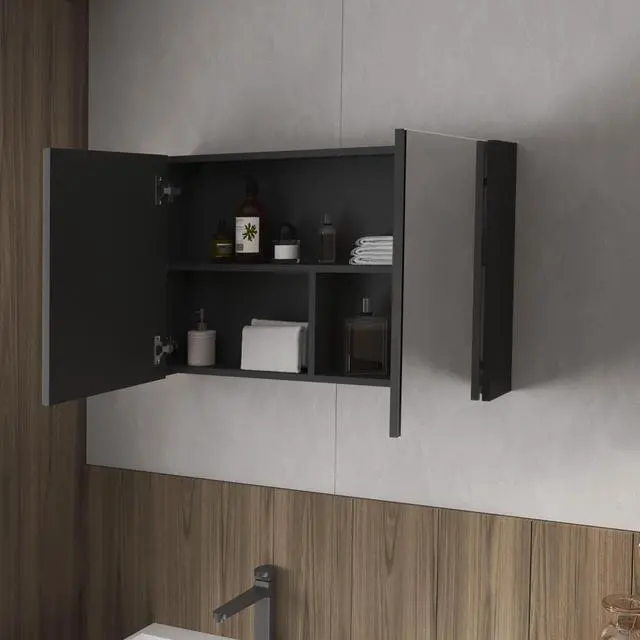 Alt view image 3 of 7 - McNary Medicine Cabinet With Included Mirrors And 2 Doors, Black